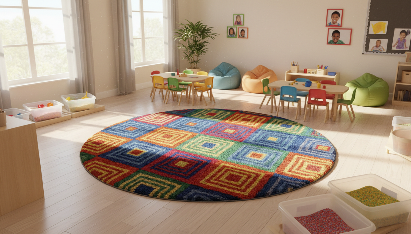 A large, vibrantly colored circular rug with bold geometric patterns in primary colors, situated at the center of a naturally-lit classroom with pale wooden floors and low, accessible tables. The rug’s plush texture and cheerful colors attract attention, while subtle details like sensory bins and soft beanbags line the room’s periphery. Sunlight pours in from oversized windows, creating a bright, airy feel and soft highlights on the rug's high-pile surface. The composition uses a slightly elevated angle, centering the rug to convey unity and welcome. The space feels joyful and safe, embodying an inclusive, modern daycare aesthetic.