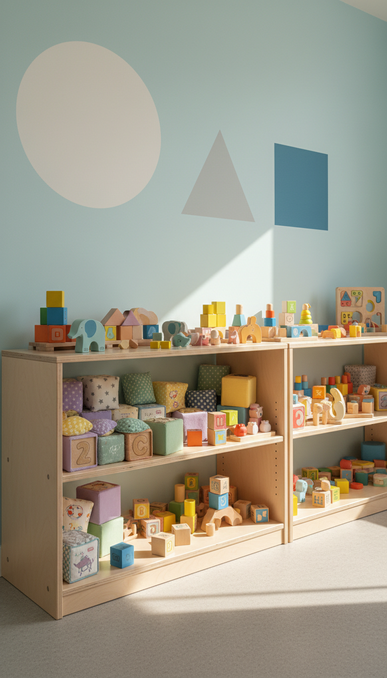 A colorful array of wooden toys and plush blocks, neatly arranged on low, rounded shelves constructed from light birch wood. These toys feature varied materials, from soft, pastel-textured plush cubes to vividly painted wood with smooth surfaces. The shelves stand against a calming, pale sky-blue accent wall adorned with simple geometric shapes. Soft, diffused daylight pours in from an unseen window, casting gentle, elongated shadows and highlighting the rich textures and colors. The mood is warm and inviting, suggesting an inclusive, accessible play area. The image uses an eye-level composition with a sharp focus on the toys, emphasizing a clean, modern, and welcoming aesthetic that aligns with a daycare environment devoted to diversity and learning.