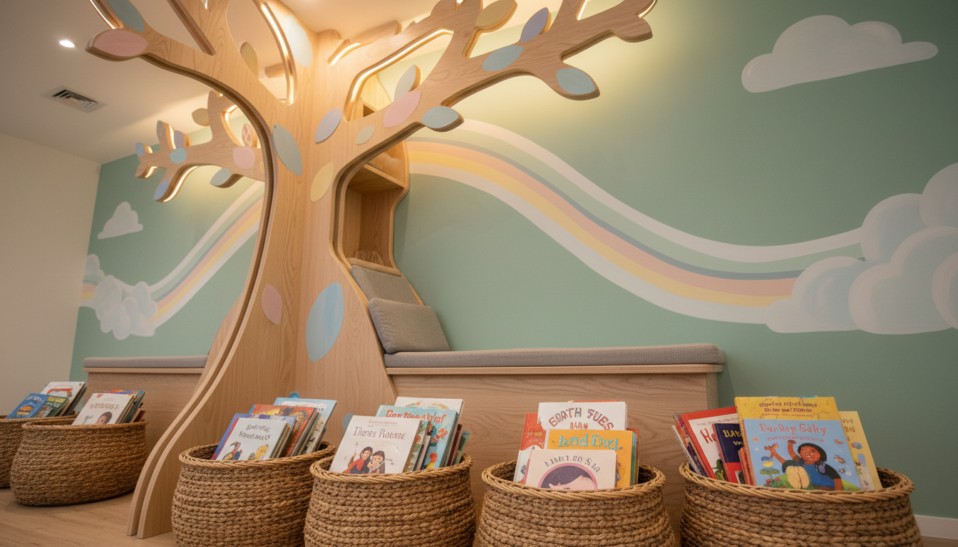 A whimsical wooden tree structure, crafted from smooth, pale ash wood and painted with gentle pastel accents, serves as a quiet reading nook against a softly painted mural of abstract rainbows and clouds. Sturdy, textured baskets filled with diverse picture books nestle beneath the branches, set against a backdrop of matte-finish mint green walls. Soft, ambient LED lighting casts a comfortable, indirect glow, producing gentle shadows that invite calm and focus. Photographed from a low angle to accentuate the tree's canopy, the image features a sharp foreground and a softly blurred background, creating a serene, imaginative mood that suits a child-centered, inclusive space.
