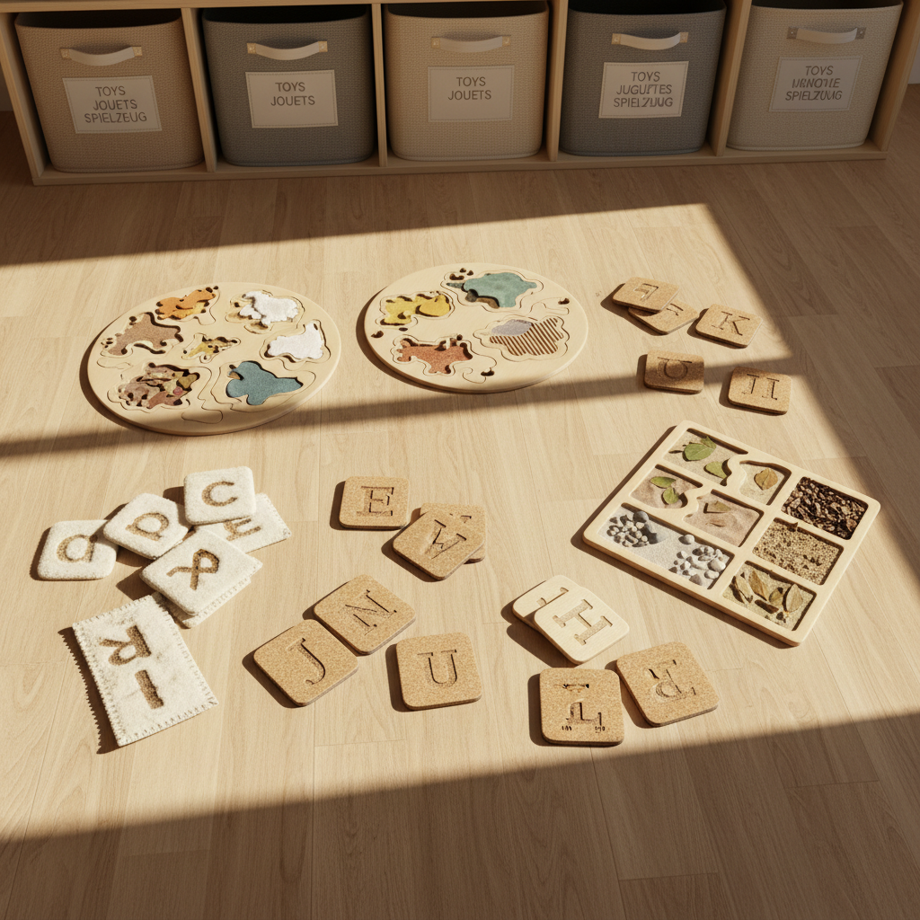 A set of interactive educational materials, including tactile alphabet tiles and sensory puzzles made from diverse natural materials like felt, cork, and wood, scattered across a smooth, sunlit maple floor. The background reveals a cubby wall with soft, neutral storage bins, each labeled in multiple languages. Gentle morning sunlight creates a mosaic of light and shadow, accentuating the textures and making the colors pop. Captured from an overhead, bird's eye angle, the composition is organized yet dynamic, highlighting the accessibility and diversity of learning tools. The overall vibe is cooperative and nurturing, featuring a clean, minimalist, and inclusive style befitting an adaptive daycare.